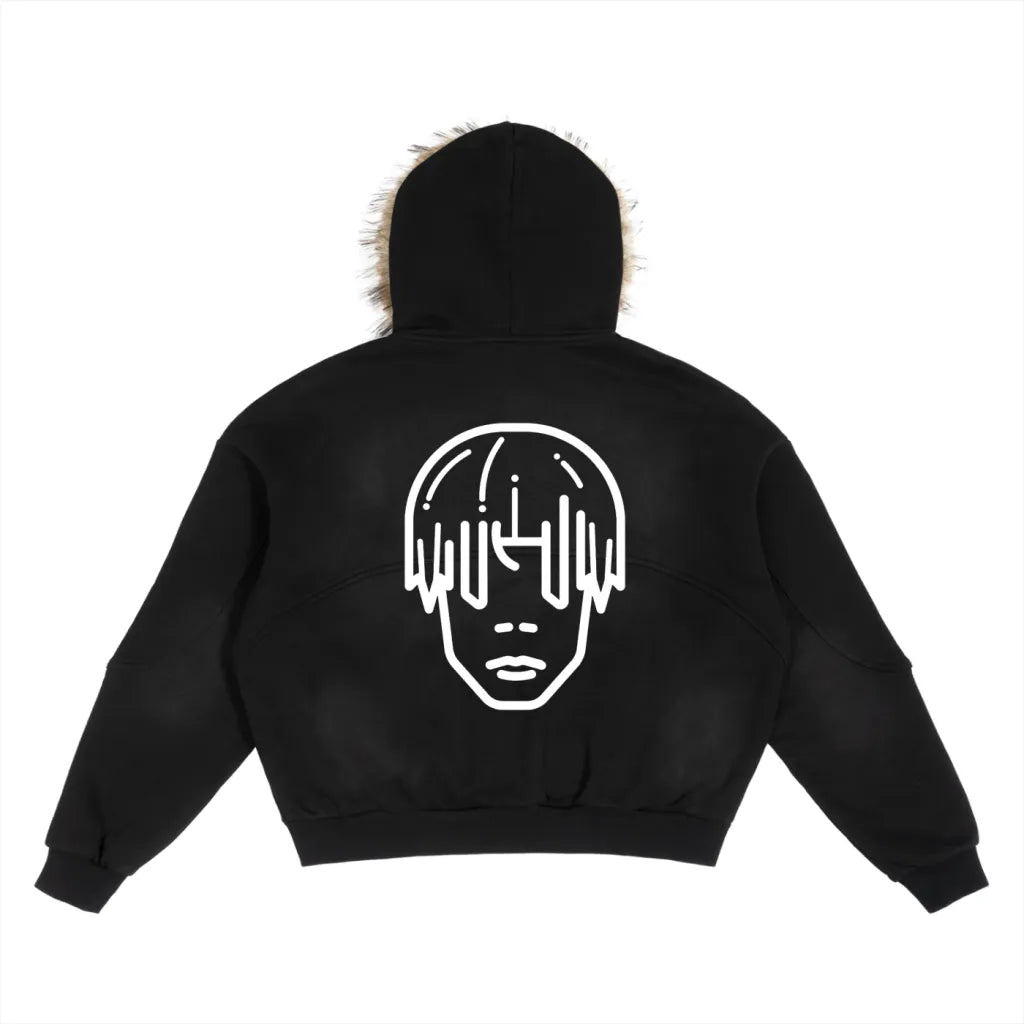BLACK- DETACHABLE FUR HOOD ZIP-UP BOXY FLEECE HOODIE