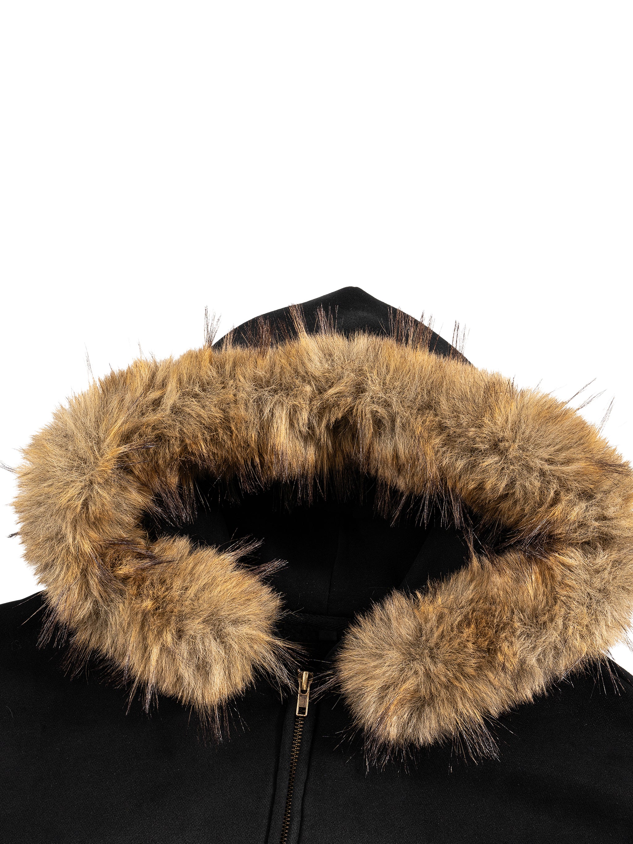 BLACK- DETACHABLE FUR HOOD ZIP-UP BOXY FLEECE HOODIE