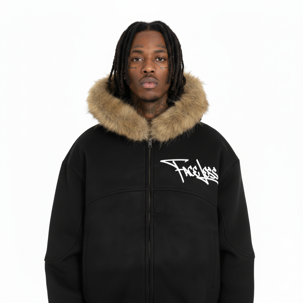 BLACK- DETACHABLE FUR HOOD ZIP-UP BOXY FLEECE HOODIE