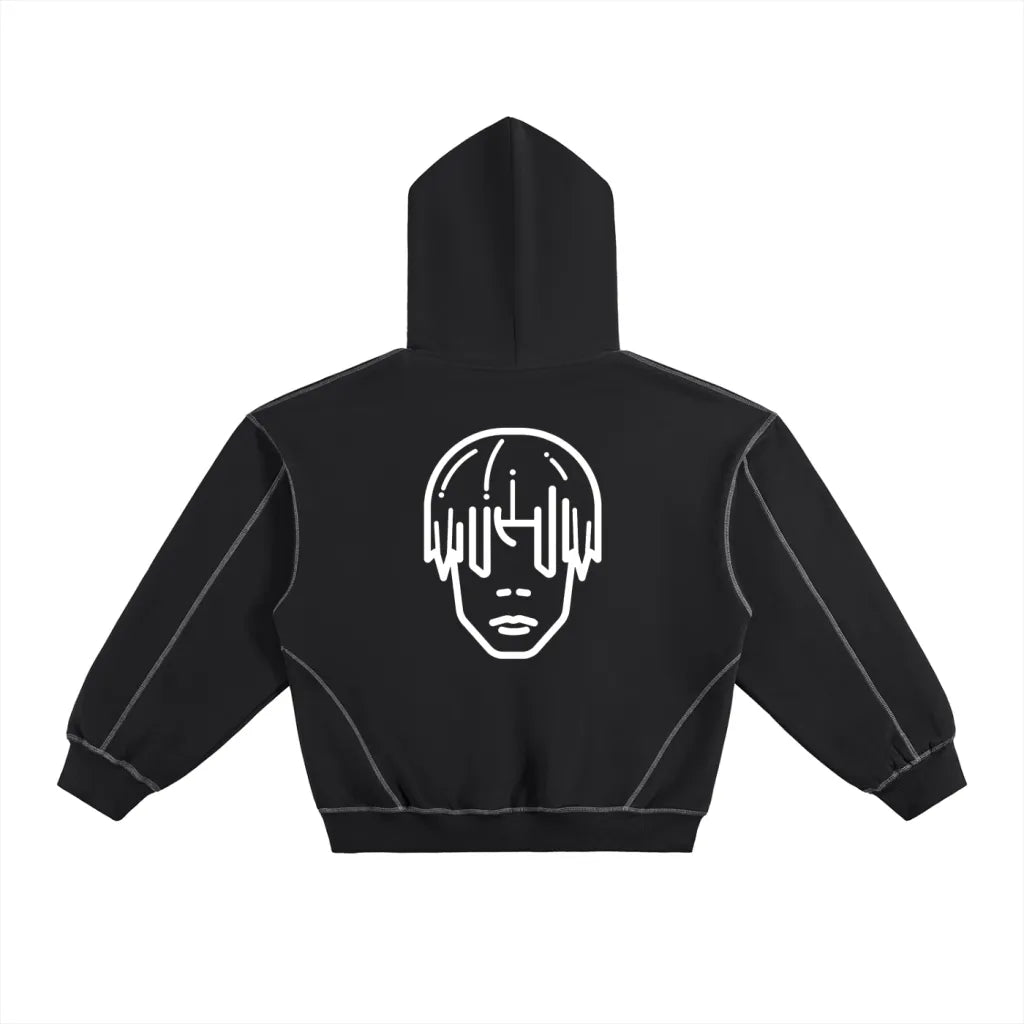 BLACK - CONTRAST-STITCHED BOXY FLEECE HOODIE
